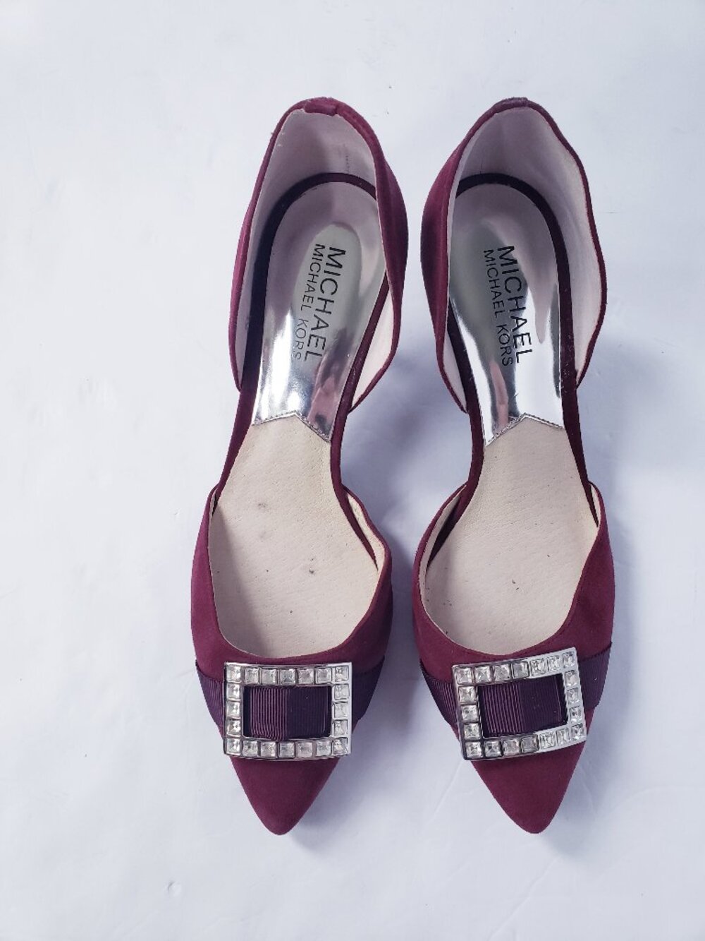 Michael Kors Shirley Suede Rhinestone Buckle D'Orsay Mid Pump In Merlot